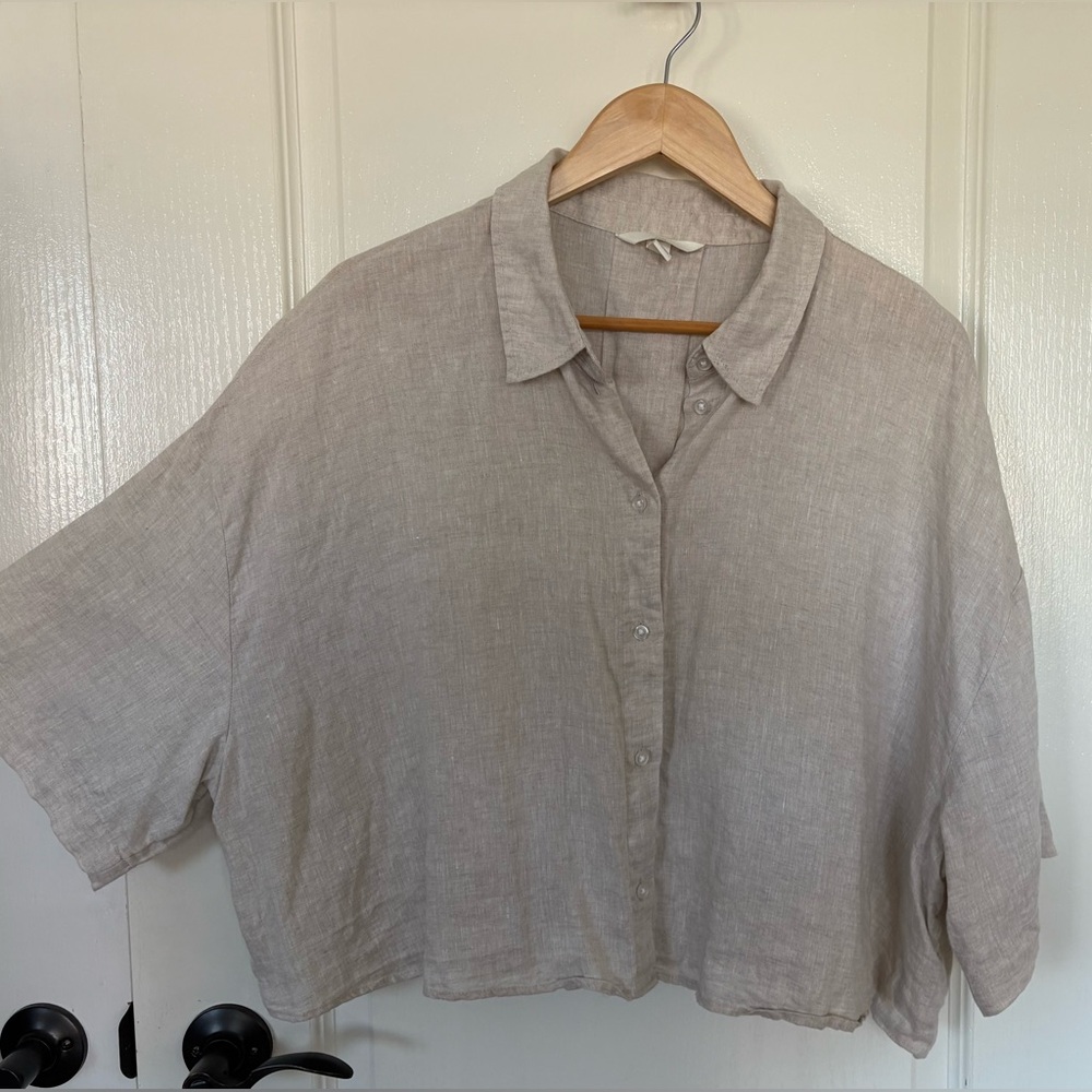 💯% Linen Oversized Short Sleeves Light Beige Taupe Bone Colour Cropped Shirt XXL - Picture 3 of 11